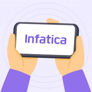 A pair of hands holding a smartphone displaying the Infatica logo in blue, with floating golden coins featuring dollar signs and wings around the phone, set against a soft lavender background.