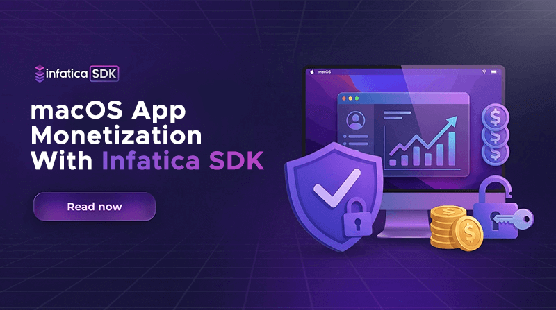 MacOS device next to Infatica SDK logo and digital coins